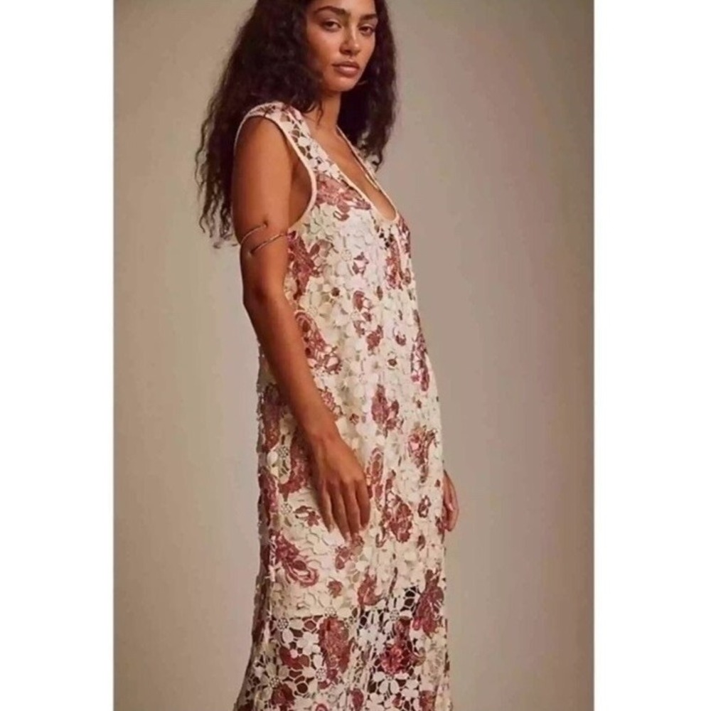 Free People Lilly Lace Maxi Dress Ivory Red Paisley Floral Crochet OB1524608 M - Picture 2 of 7